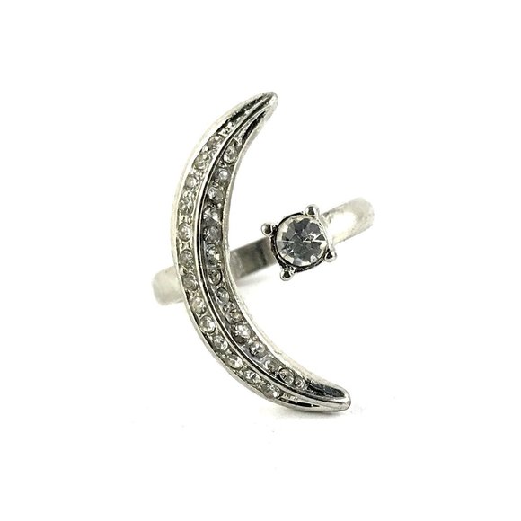 Jewelry - Silver Tone Rhinestone Moon Ring Size 8